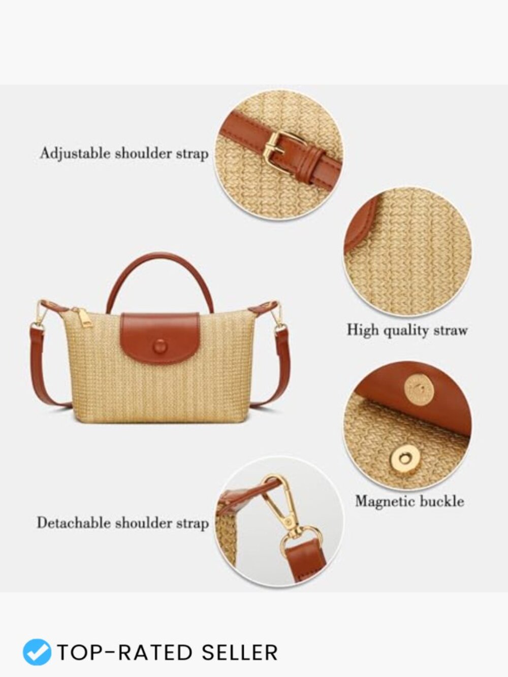 Mini Straw Crossbody Bag Summer Beach Handbag Woven Shoulder Purse - Picture 5 of 7